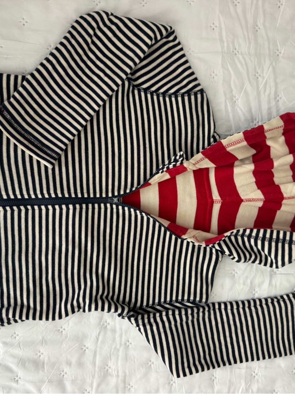 JoJo Maman Bébé Navy & White Striped Reversible Hoodie w/ Red & Cream Lined Hood